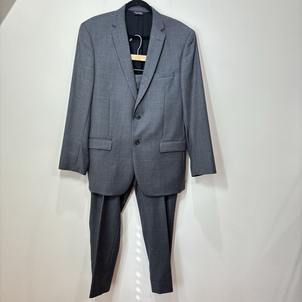 Jos A Bank 100% Wool Blazer Pant Suit 2-piece Mens 41L Gray Windowpane Classic